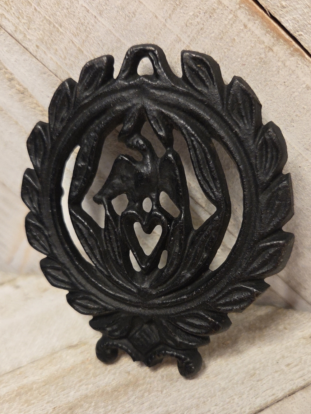 Small Cast Iron Trivet Bird And Heart Centre